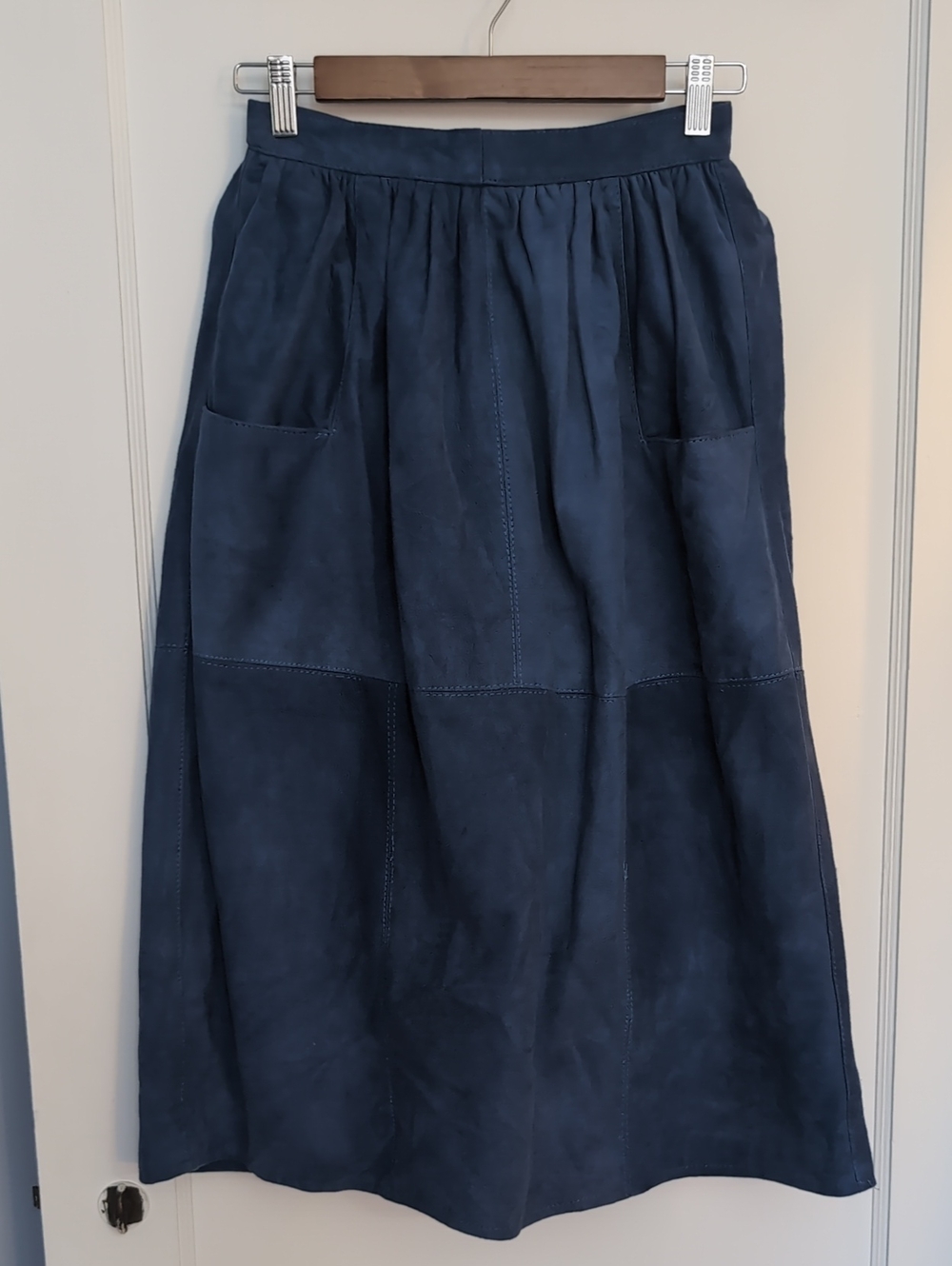 Vintage Suede Blue Maxi Skirt with Patchwork Panels And Pockets